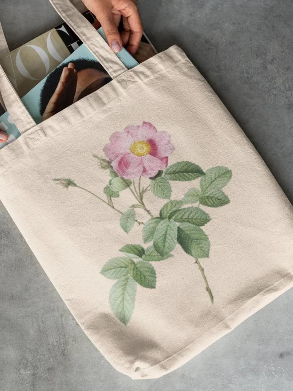 Cabbage Rose Vintage Floral Print Graphic Canvas Tote Bag